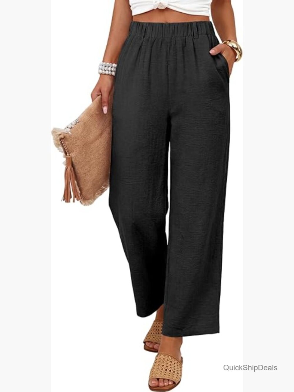Wide Leg Beach Pants Elastic Waist Flowy Lightweight Lounge Trousers with